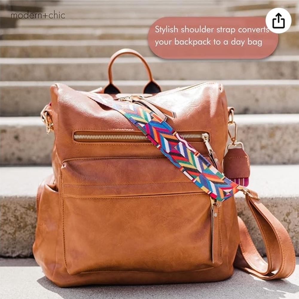 Tan Backpack with Colorful Strap